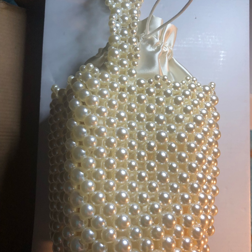 🆕 Birdy Grey Pearl-Embellished basket/bucket style Clutch , drawstring closure
